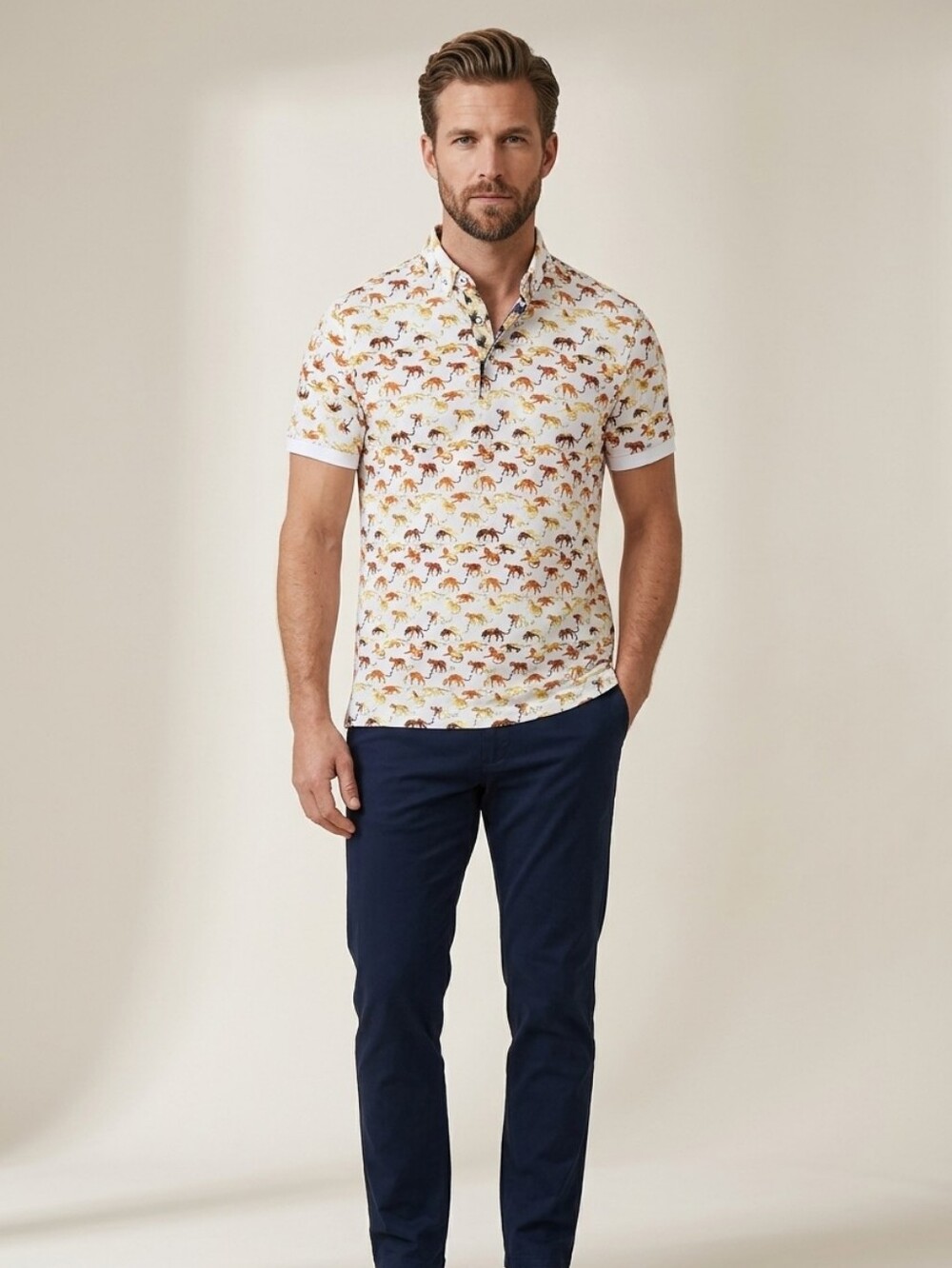 Maceoo Cotton Button-Down Polo Tiger Print White Orange